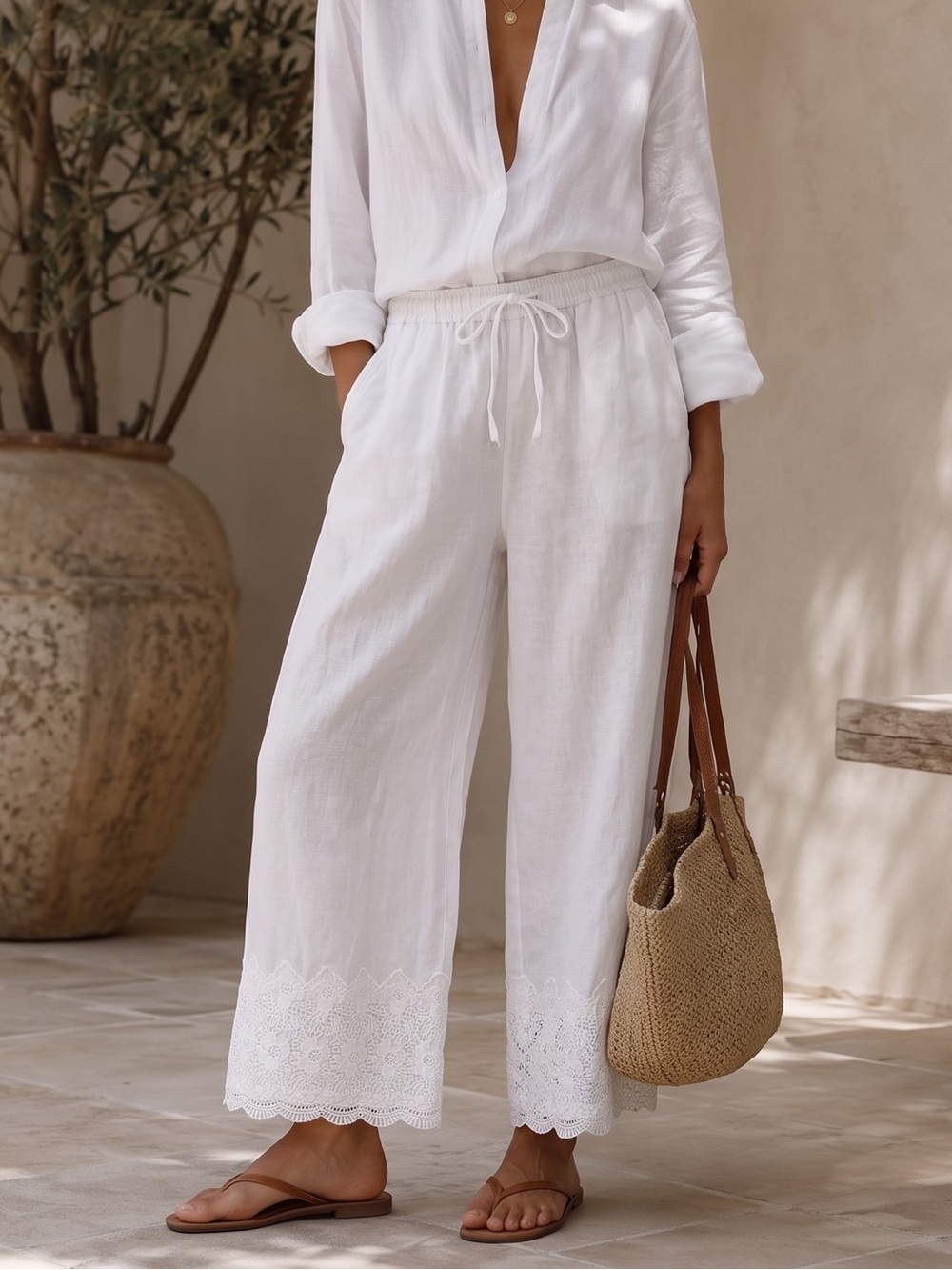 ST. TROPEZ WEST 100% Linen Crochet Trim Pants